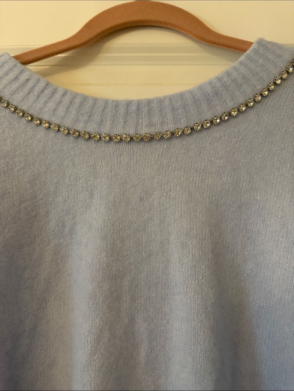 Express V-Neck Light Blue Sweater with Rhinestone Bow Accent - Picture 5 of 7